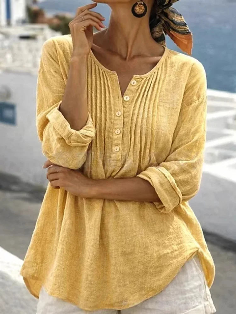 Chemisier Ample Femme – Coton et Lin, Col V Style Mori