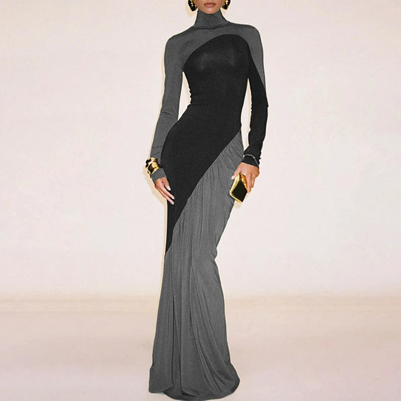 Robe longue femme ajustée multicolore à col montant et manches longues
