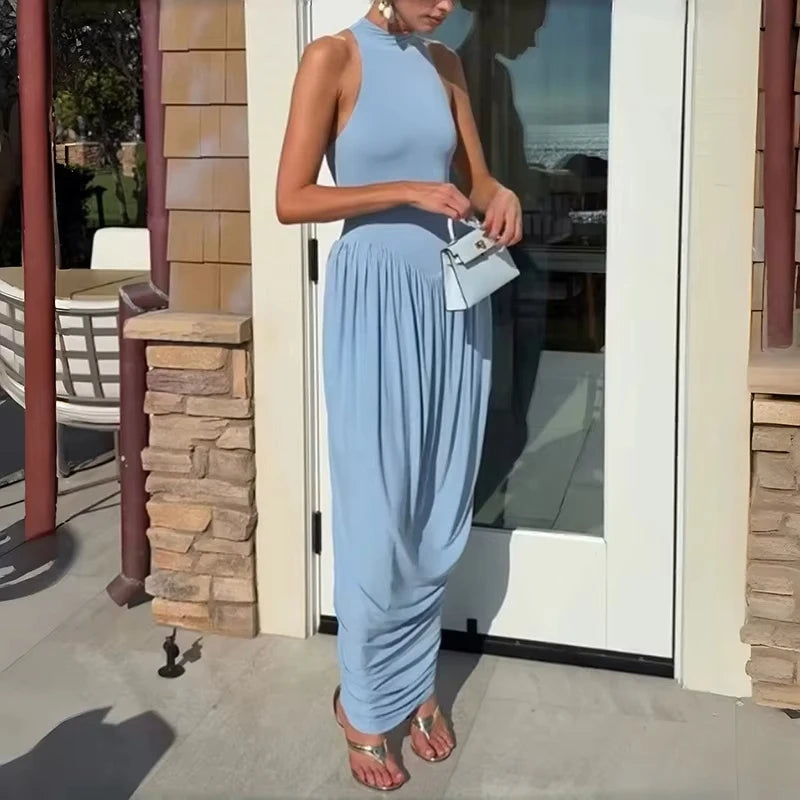 Robe Longue Fendue Femme – Sans Manches et Plissée