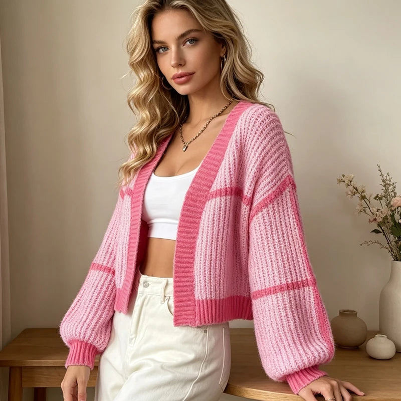 Cardigan Court Femme – Col V et Blocs de Couleurs