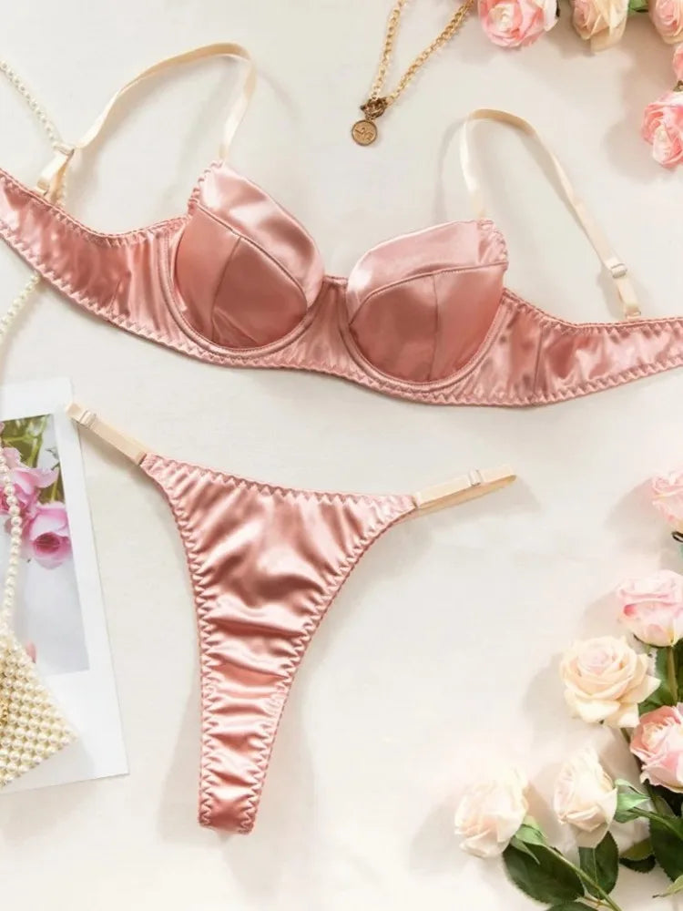 Ensemble Lingerie 2 Pièces Femme – Satin, Soutien-Gorge et String