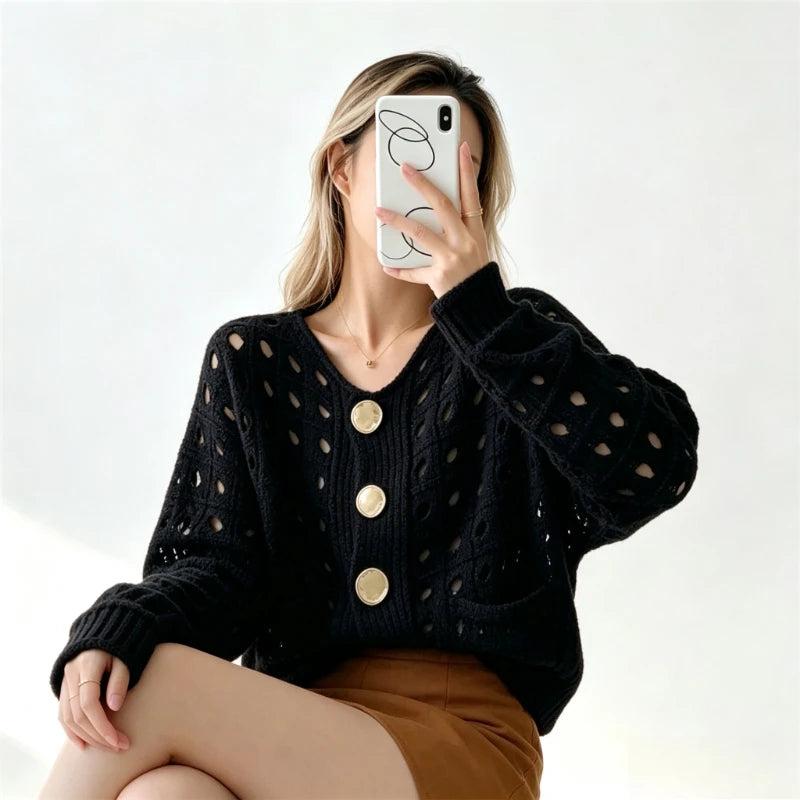 Cardigan Court Ajouré Femme – Maille Unie