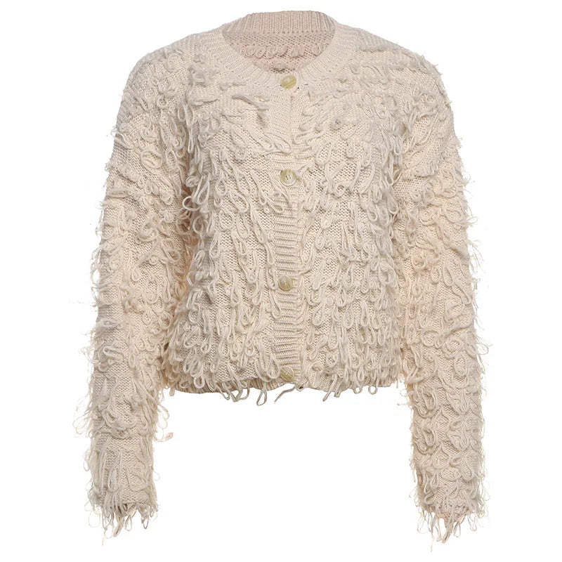 Cardigan femme en maille à boutons et franges