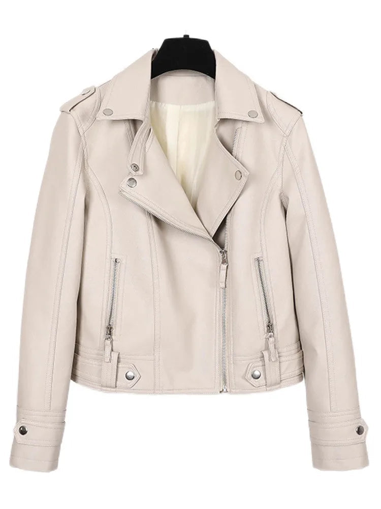 Veste biker femme beige en simili cuir