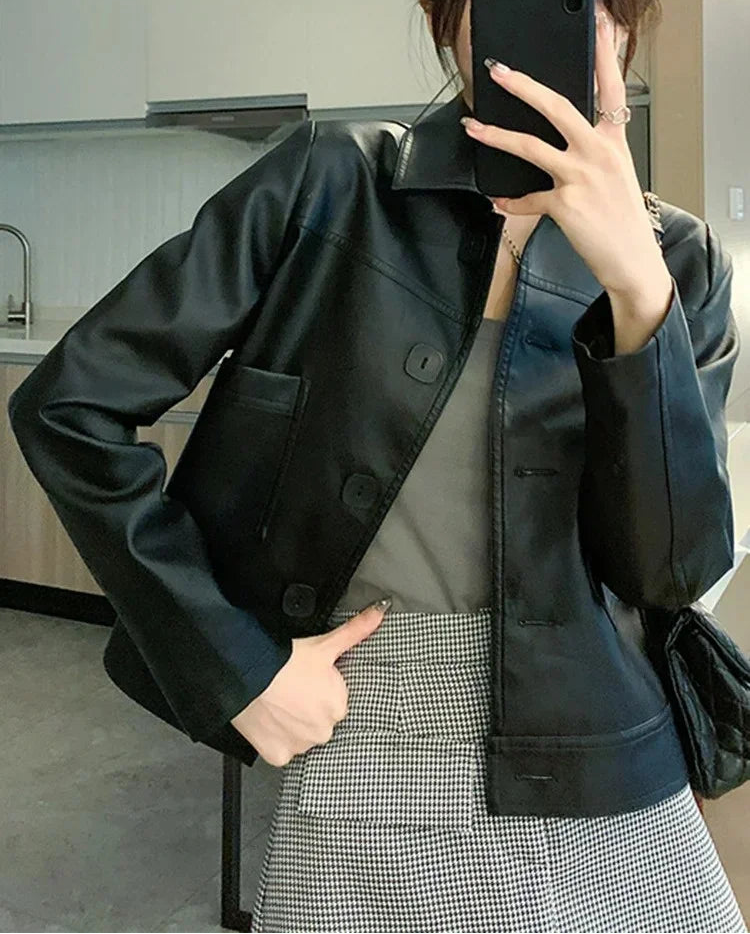 Veste courte femme en simili cuir style coréen