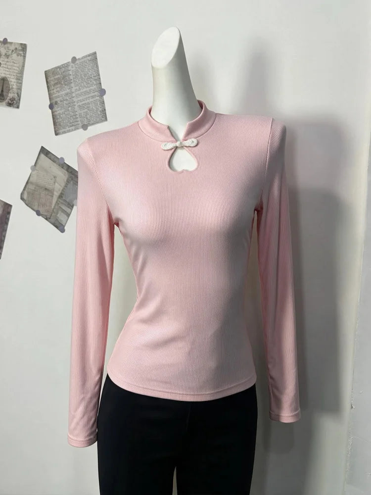 T-shirt Femme Côtelé à Col Mao et Manches Longues