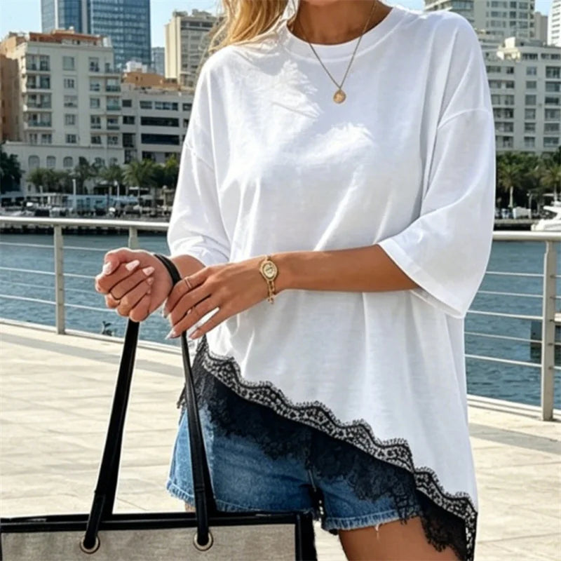 T-shirt Décontracté Femme – Col Rond et Ourlet Dentelle