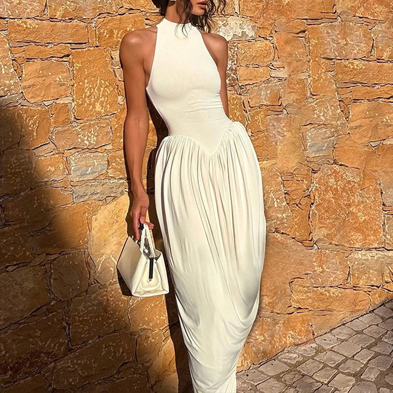 Robe Longue Fendue Femme – Sans Manches et Plissée