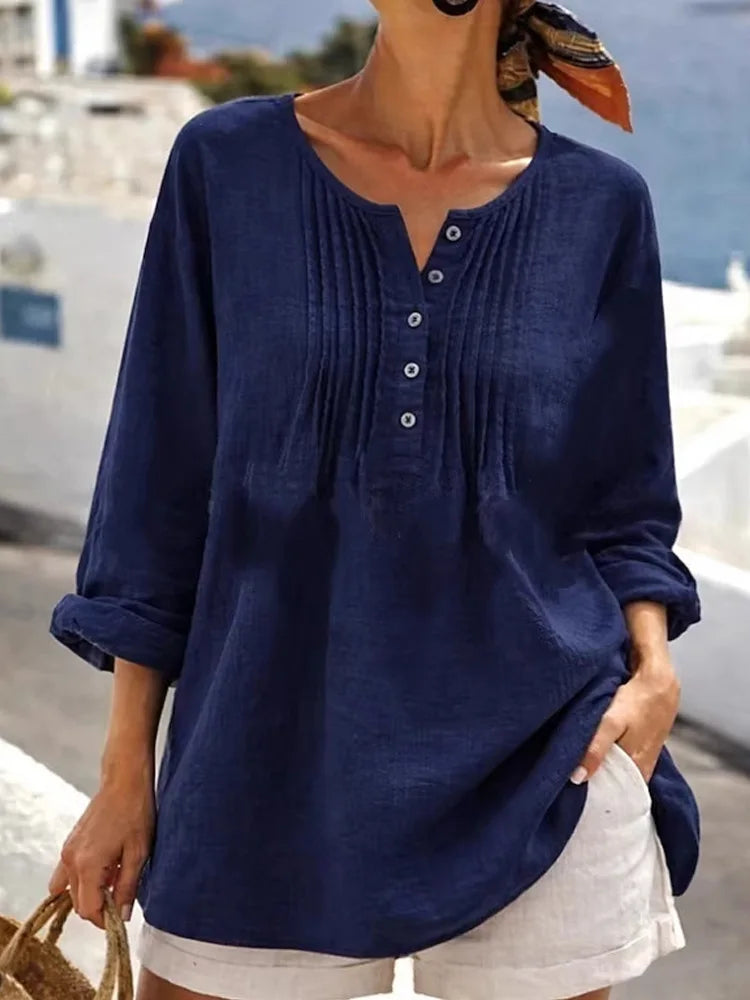 Chemisier Ample Femme – Coton et Lin, Col V Style Mori