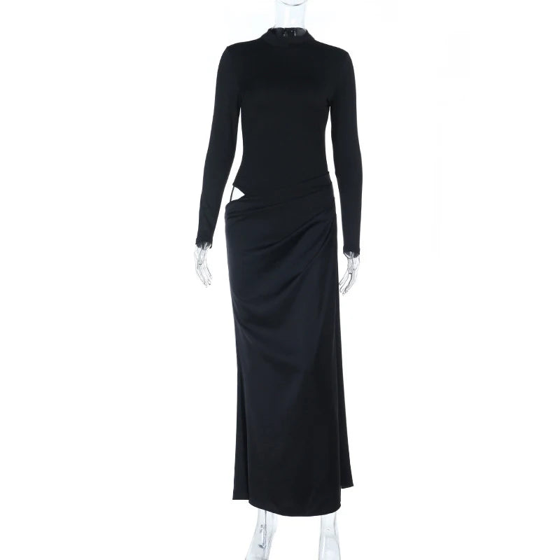 Robe longue femme moulante à manches longues et col montant