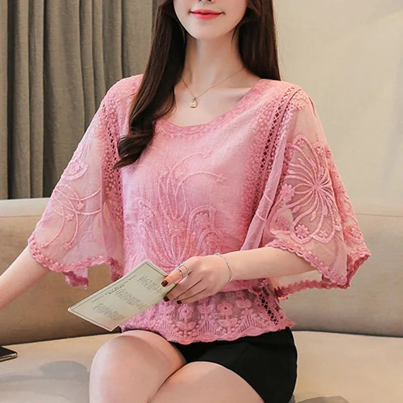 Chemisier en Mousseline Femme – Broderies et Manches Mi-Longues