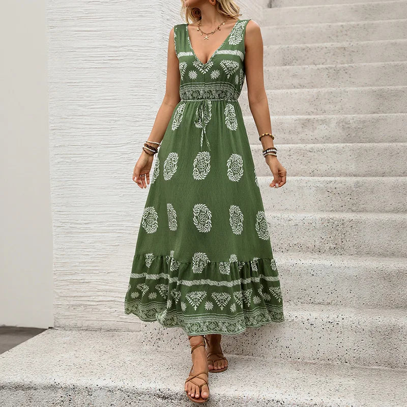 Robe Longue Femme – Imprimé Floral Vert