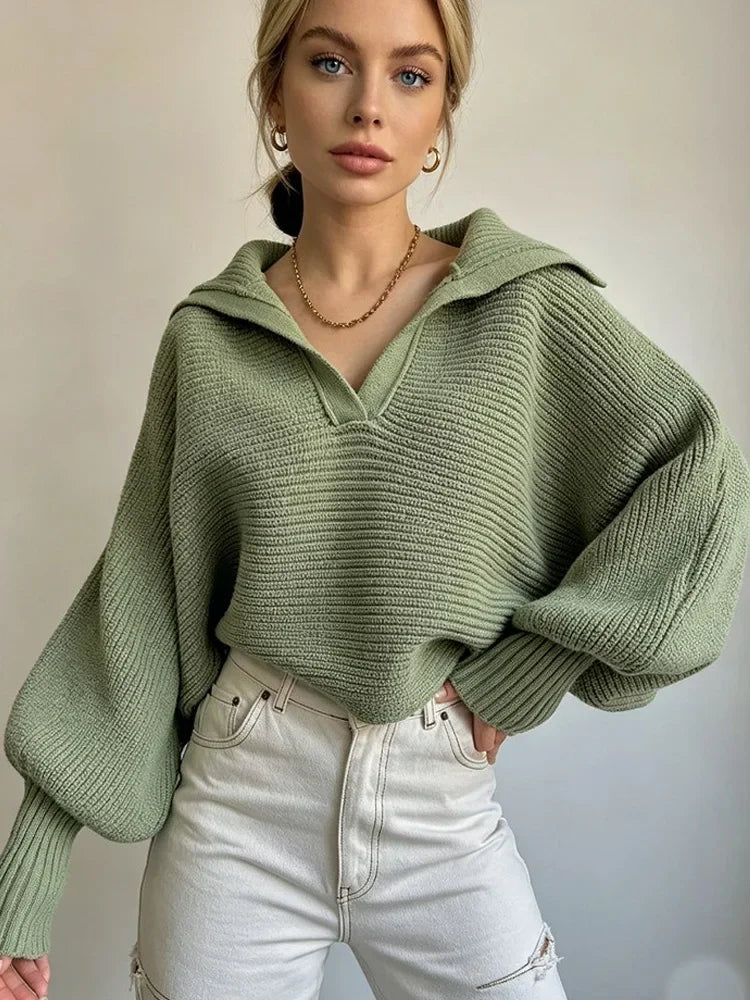 Pull en Maille Femme – Col V et Manches Lanternes