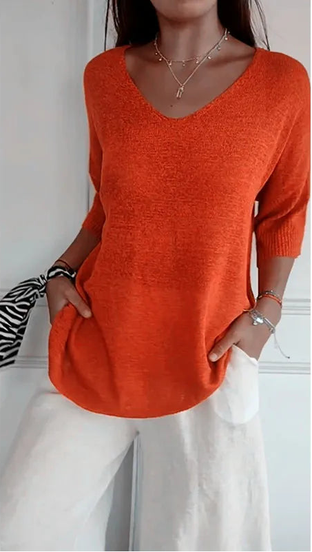 Chemise Décontractée Femme – Col V et Manches 3/4