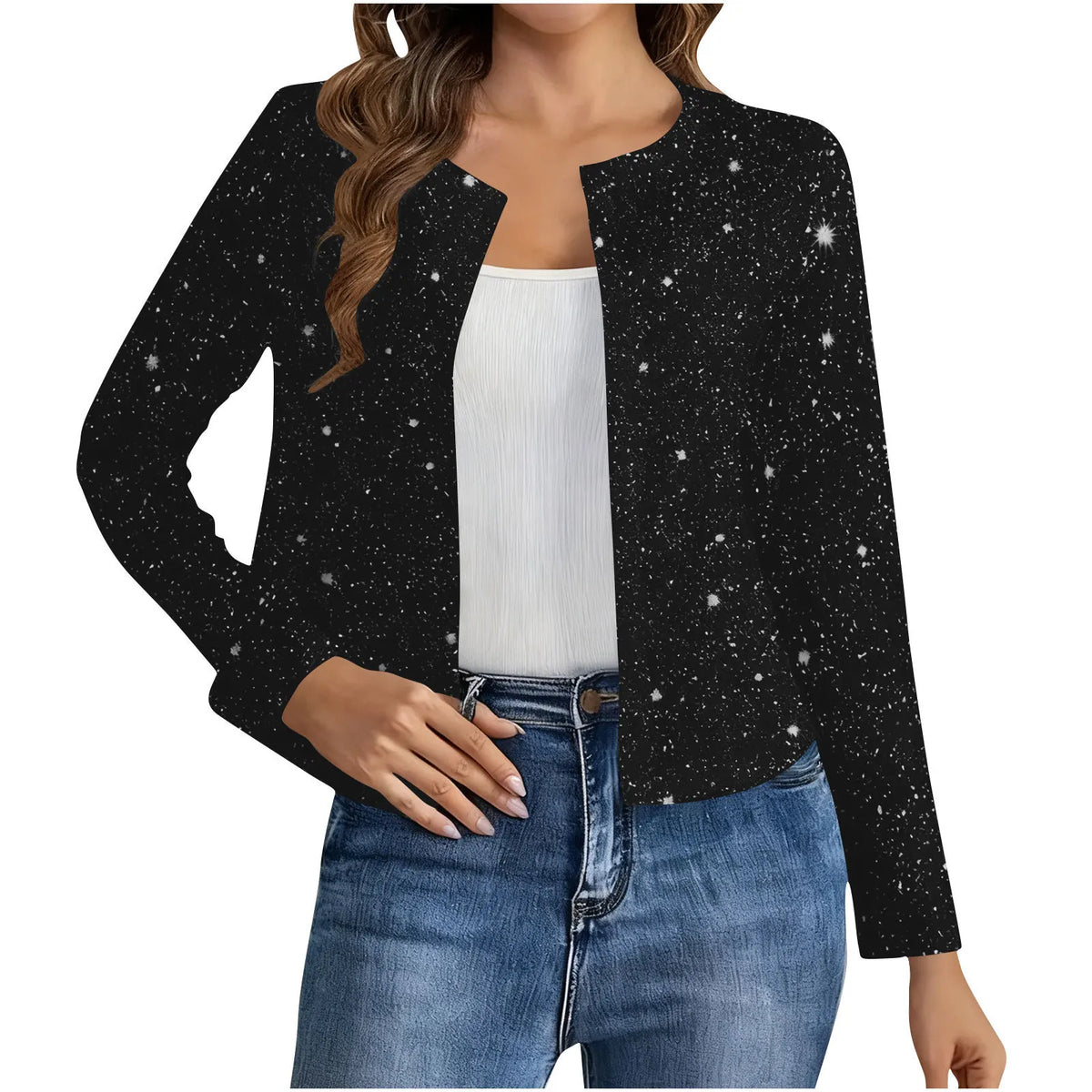 Cardigan Court Scintillant Femme – Col Rond et Manches Longues