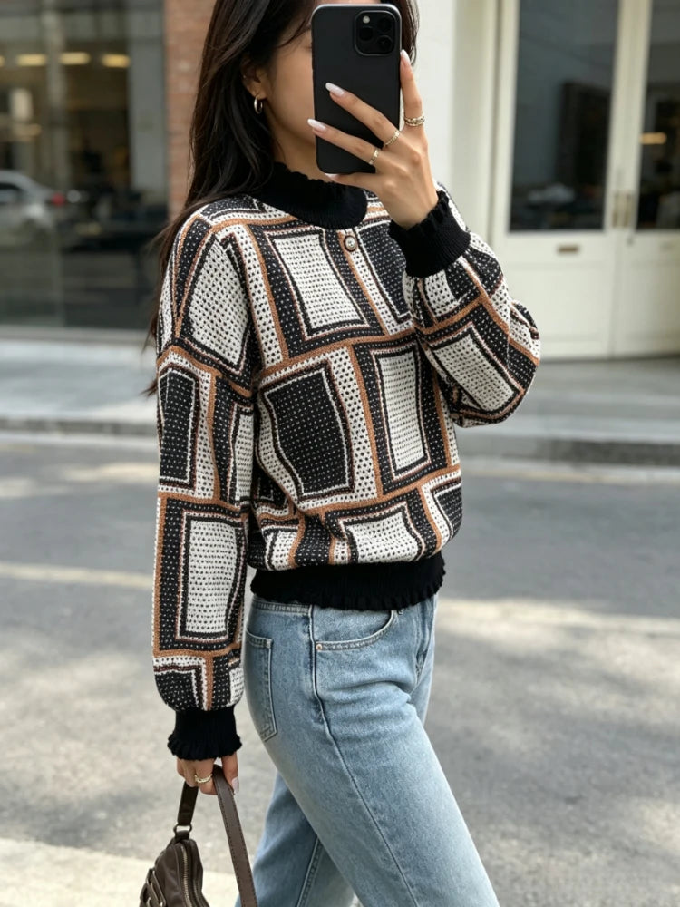 Chemisier Vintage à Carreaux Femme – Col Montant