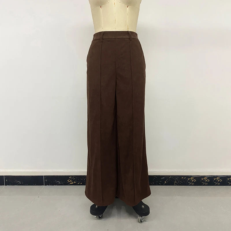Pantalon large en velours côtelé à taille haute pour femme