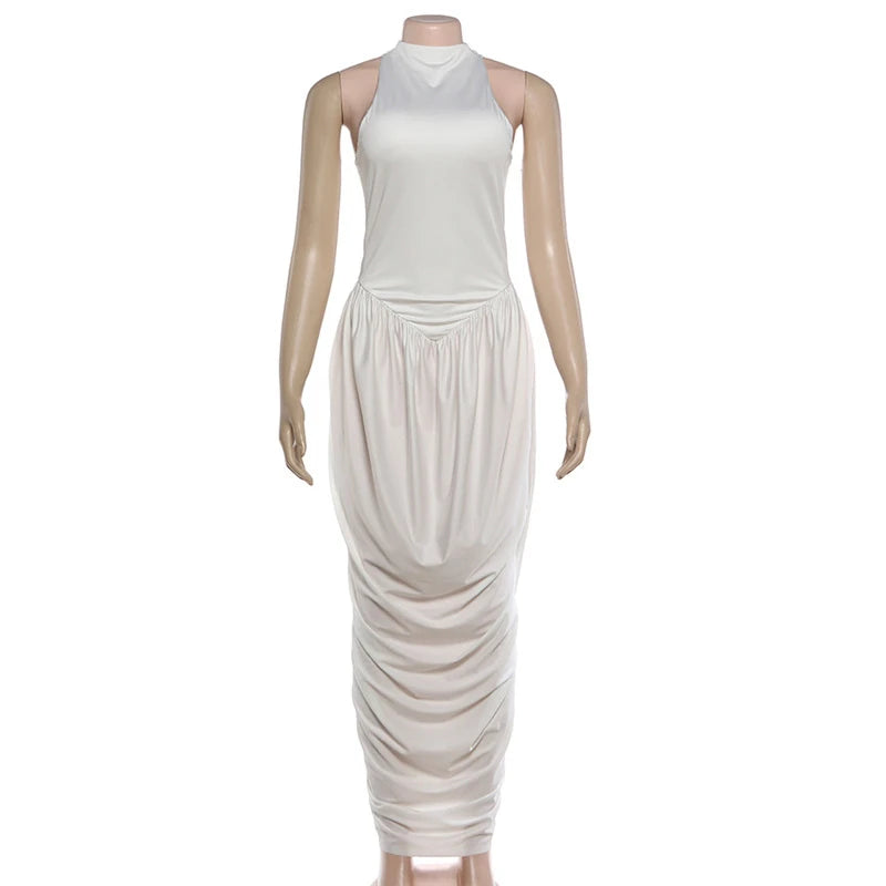 Robe Longue Fendue Femme – Sans Manches et Plissée