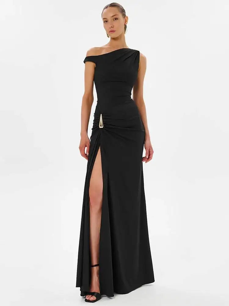 Robe Longue Asymétrique Femme – Une Épaule et Fente Haute