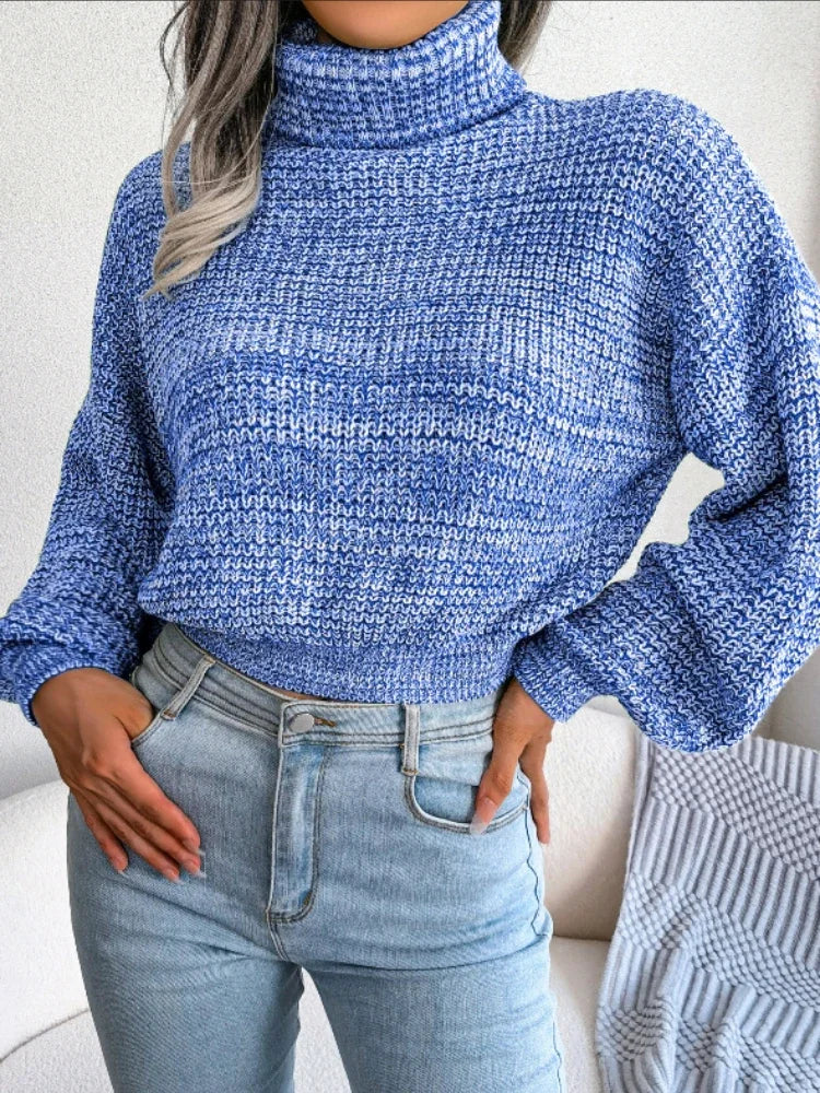 Pull Côtelé Femme – Col Roulé et Manches Lanterne