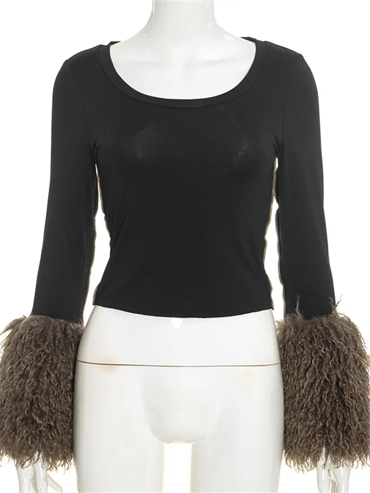 Haut Femme Noir à Poignets Effet Fourrure