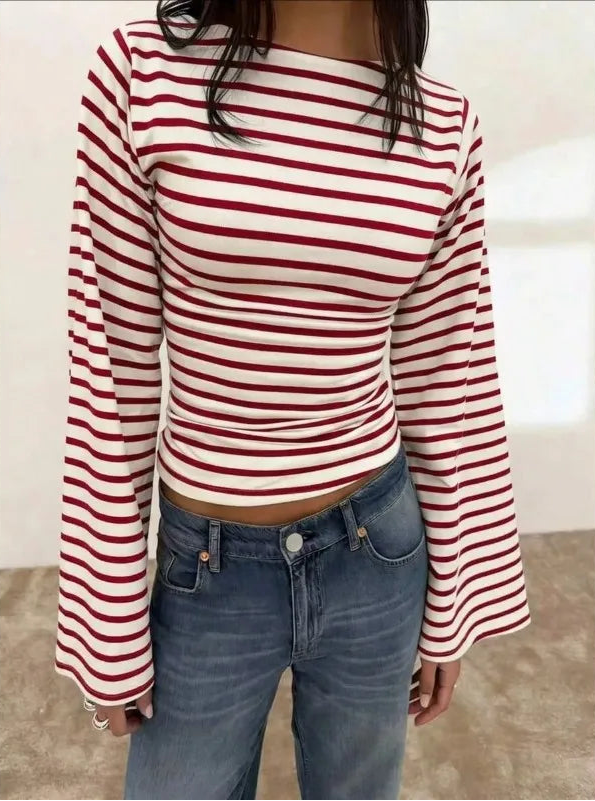 T-shirt Rayé Femme – Col Bateau et Manches Évasées