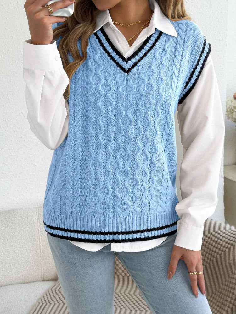 Pull Sans Manches Femme – Maille Torsadée et Col V