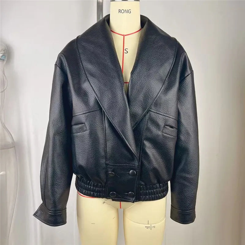 Veste Femme Noire Ample en Similicuir à Col Revers