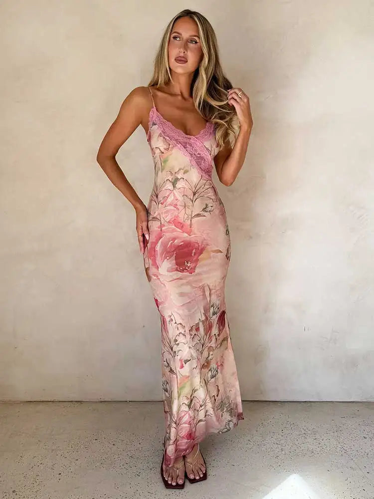Robe Longue Femme – Dentelle Imprimée Sans Manches
