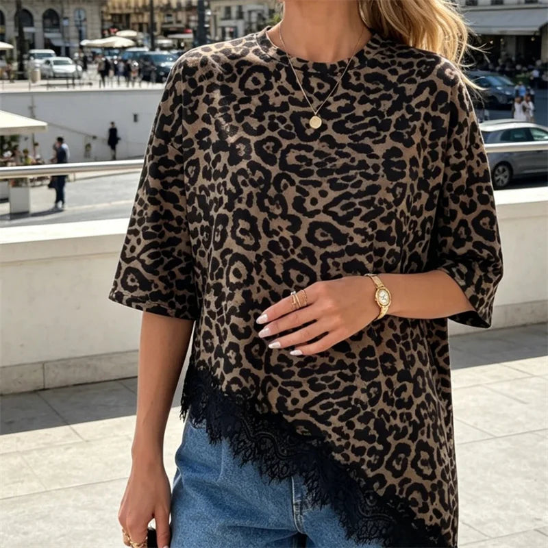 T-shirt Décontracté Femme – Col Rond et Ourlet Dentelle