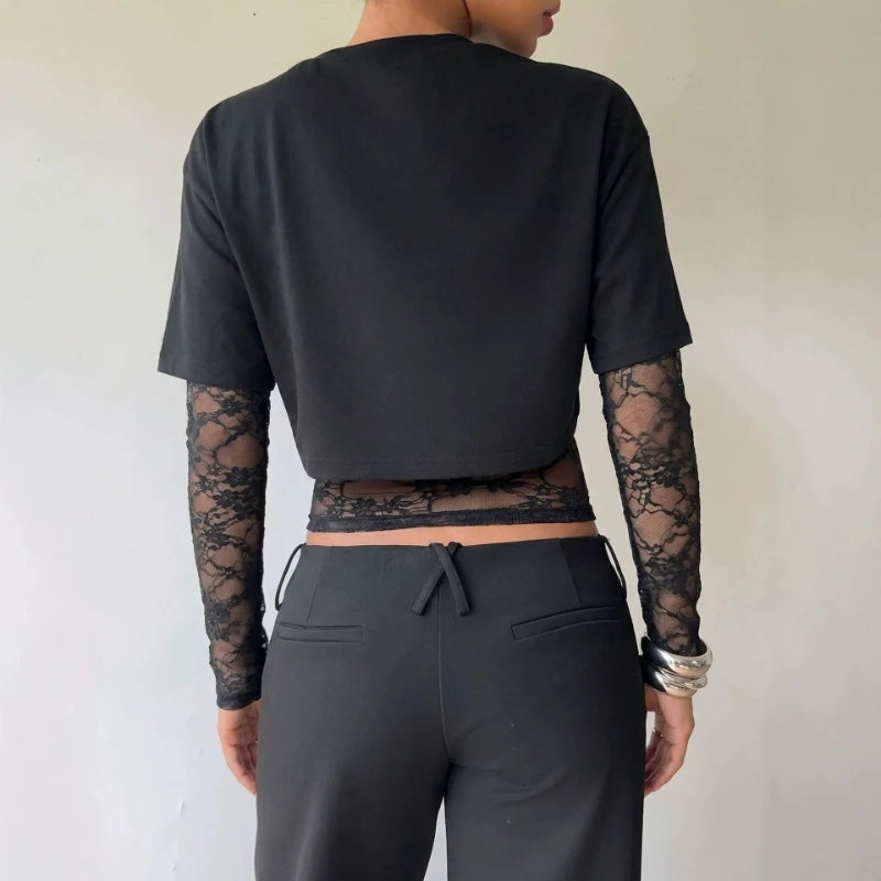 T-shirt Ajusté Femme – Manches Longues et Dentelle