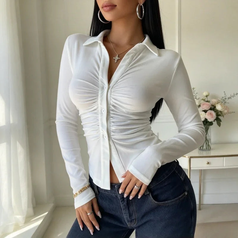 Chemisier Court Femme – Col V et Manches Froncées