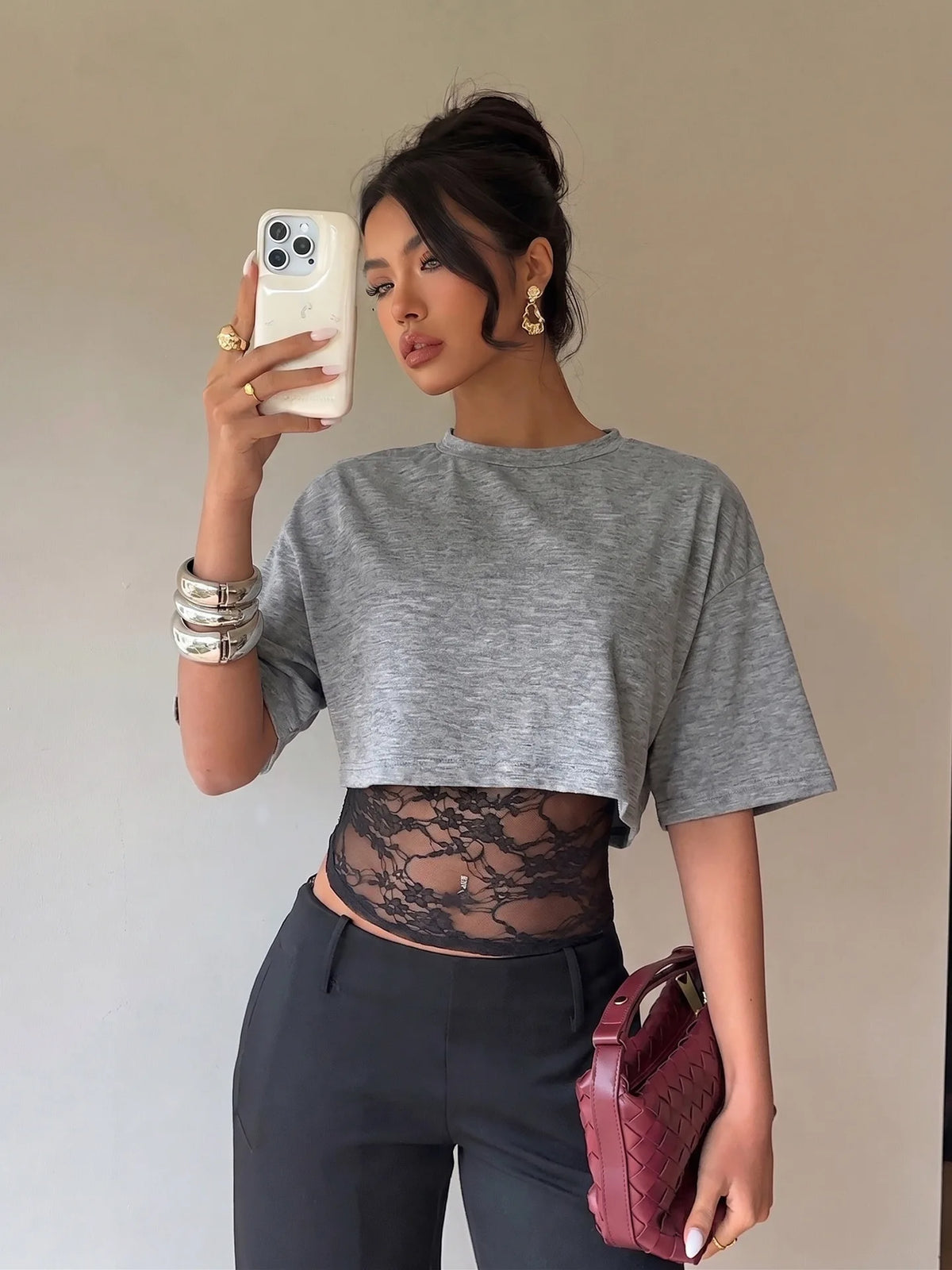 T-shirt Col Montant Femme – Effet Deux Pièces et Dentelle