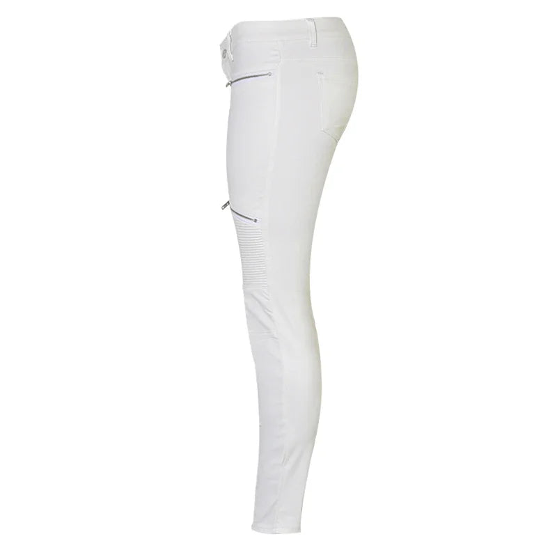 Pantalon Blanc Taille Basse en Similicuir à Détails Zippés