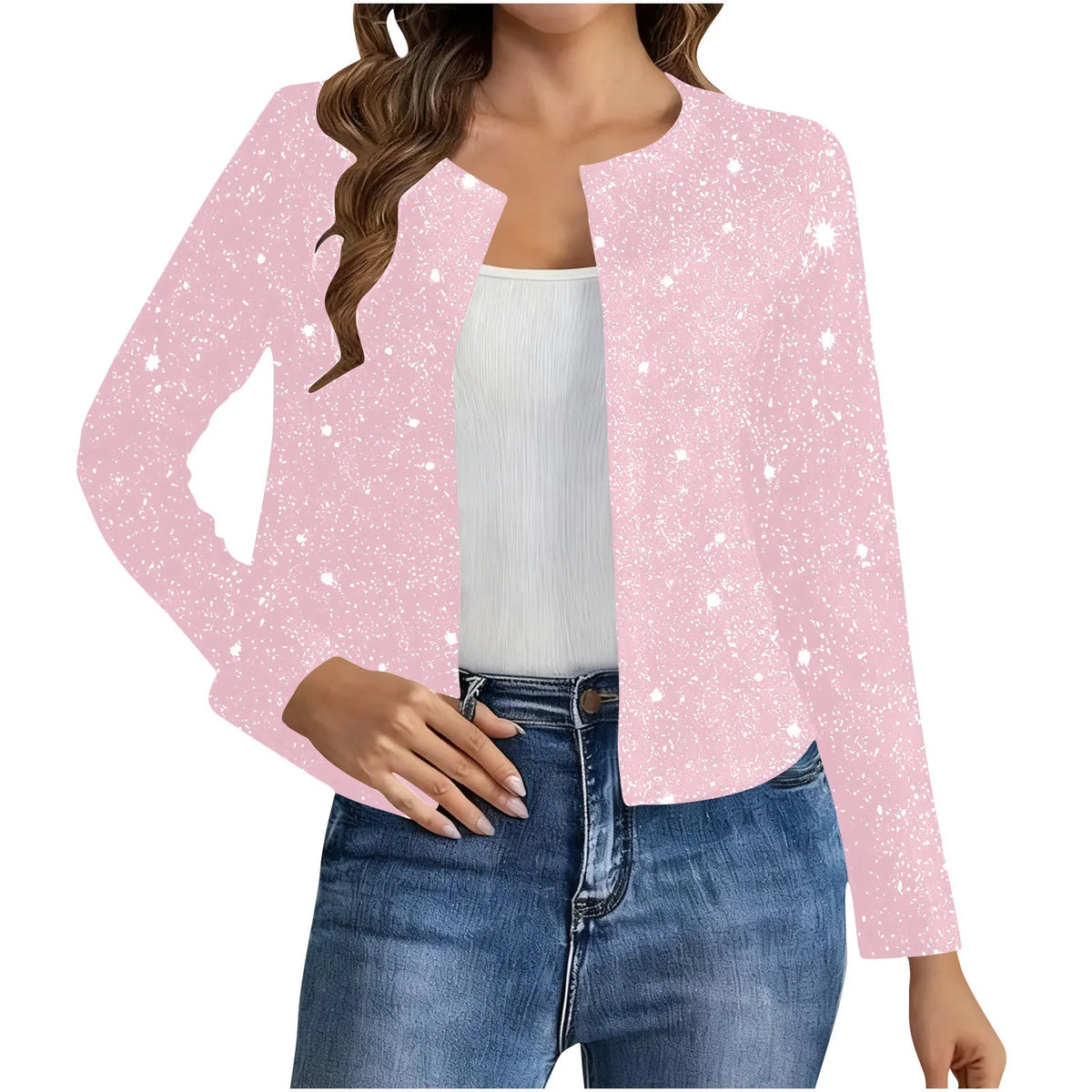 Cardigan Court Scintillant Femme – Col Rond et Manches Longues