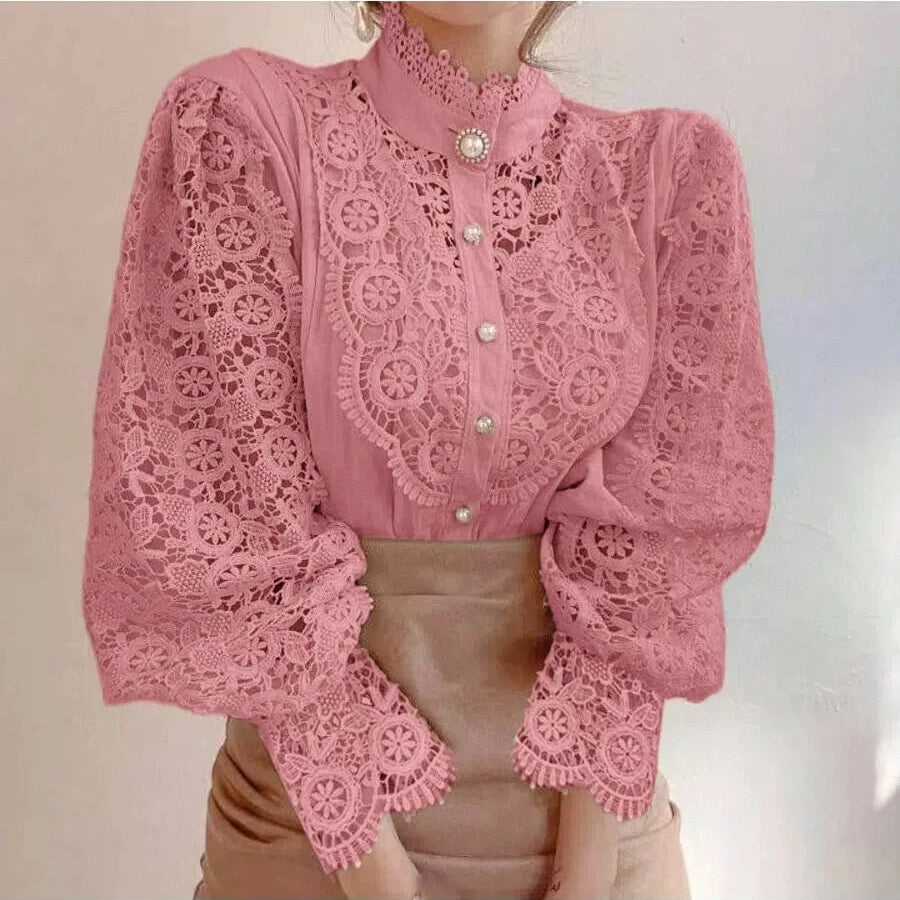 Chemise Rétro Femme – Dentelle Ajourée et Coupe Décontractée