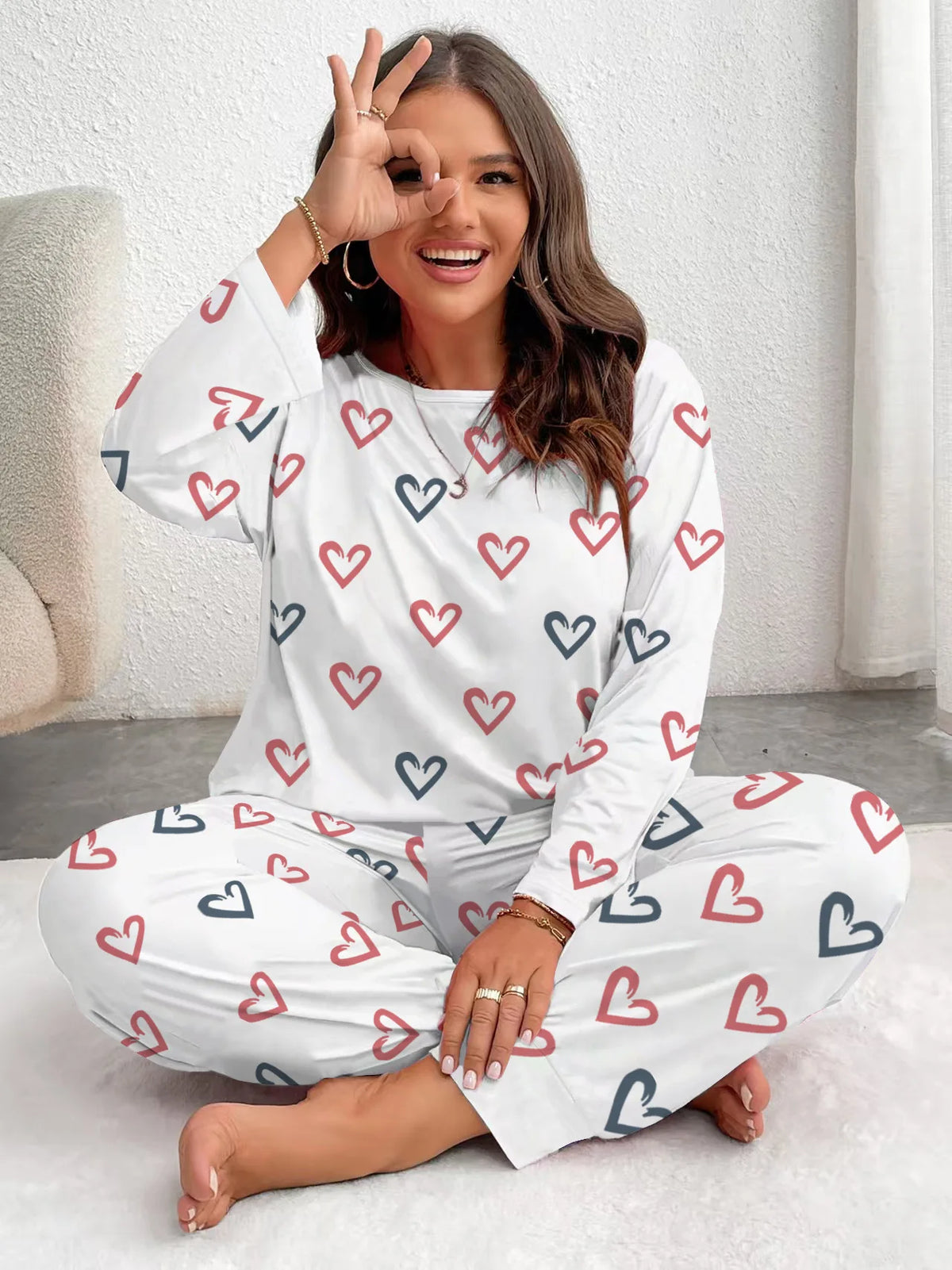 Pyjama Grande Taille Femme – Cœurs Roses et Pantalon Long