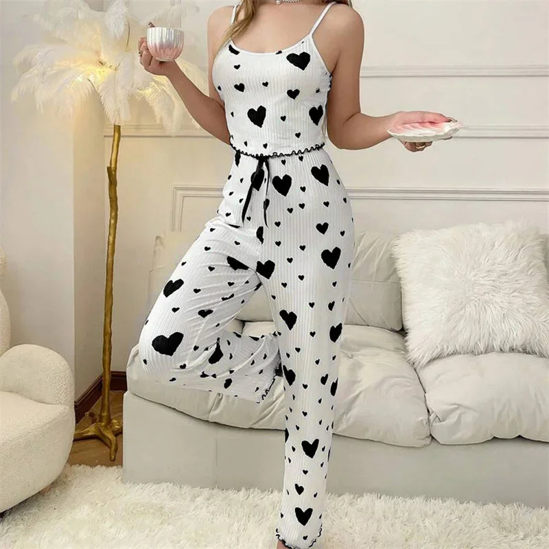 Pyjama Satin Femme – Caraco et Pantalon à Cœurs