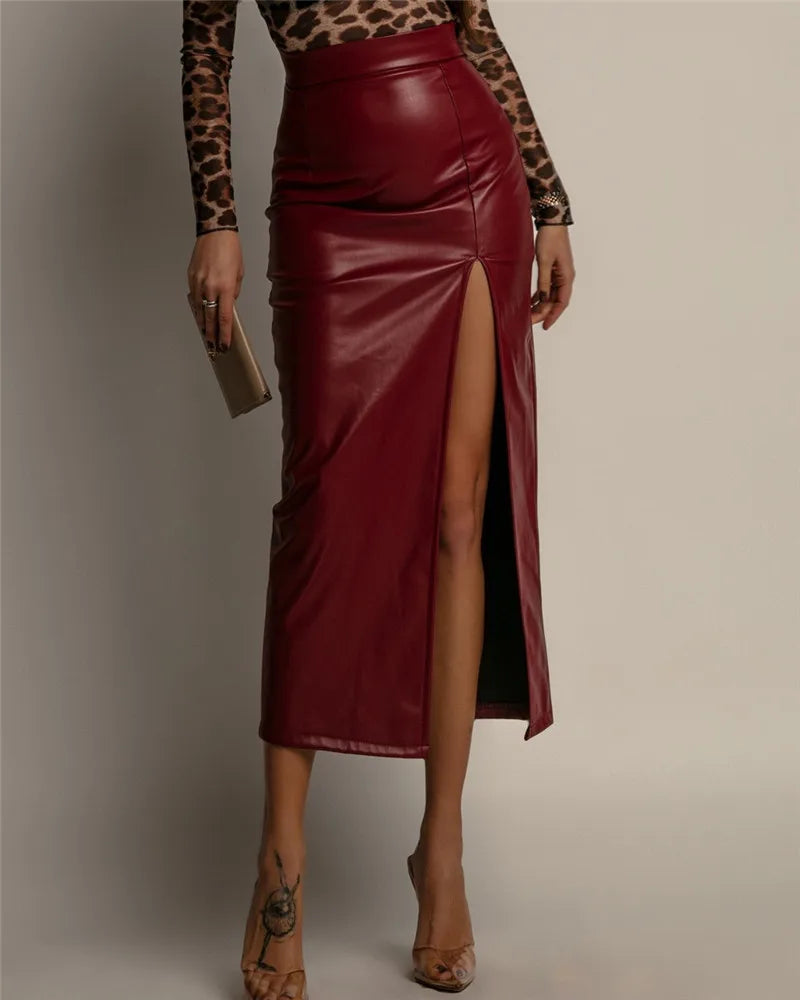 Jupe Midi Femme en Similicuir à Fente Haute