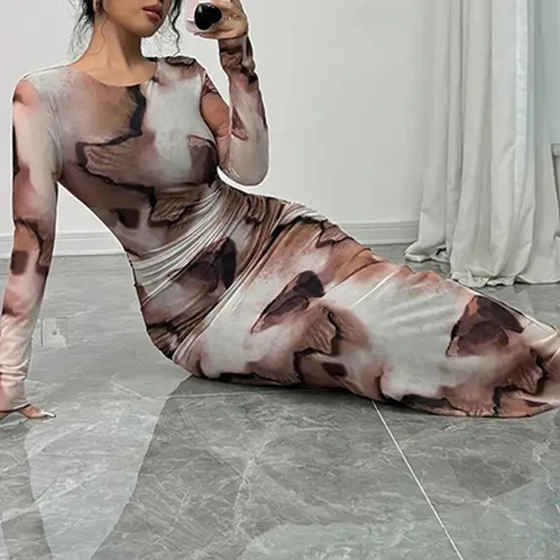 Robe longue femme moulante en maille transparente