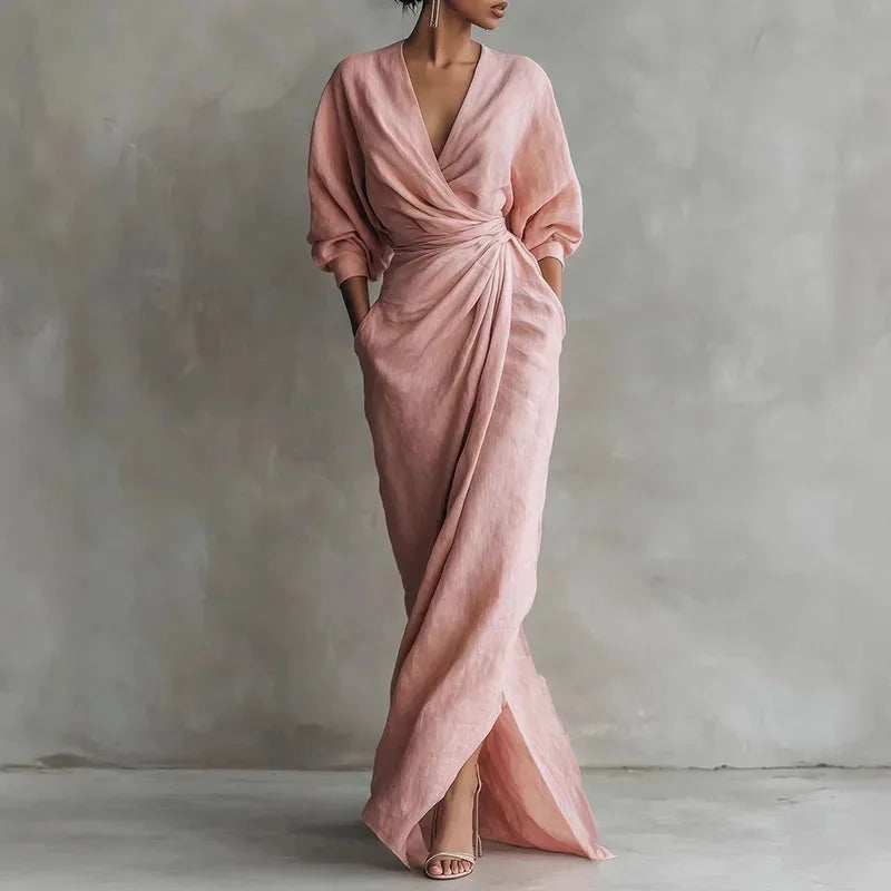 Robe femme longue froncée à col V