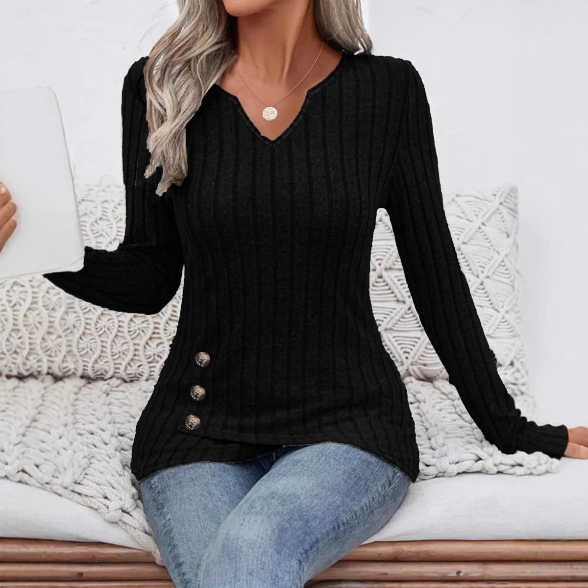 Pull Tricot Femme – Col V et Coupe Décontractée