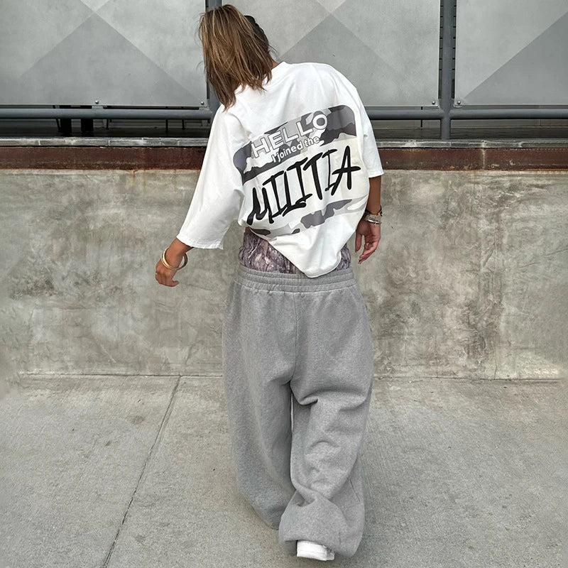 Pantalon jogging femme taille haute patchwork à poches