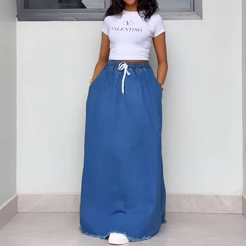 Jupe femme longue en jean bleu rétro