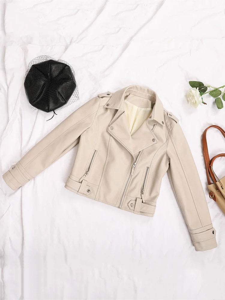 Veste biker femme beige en simili cuir