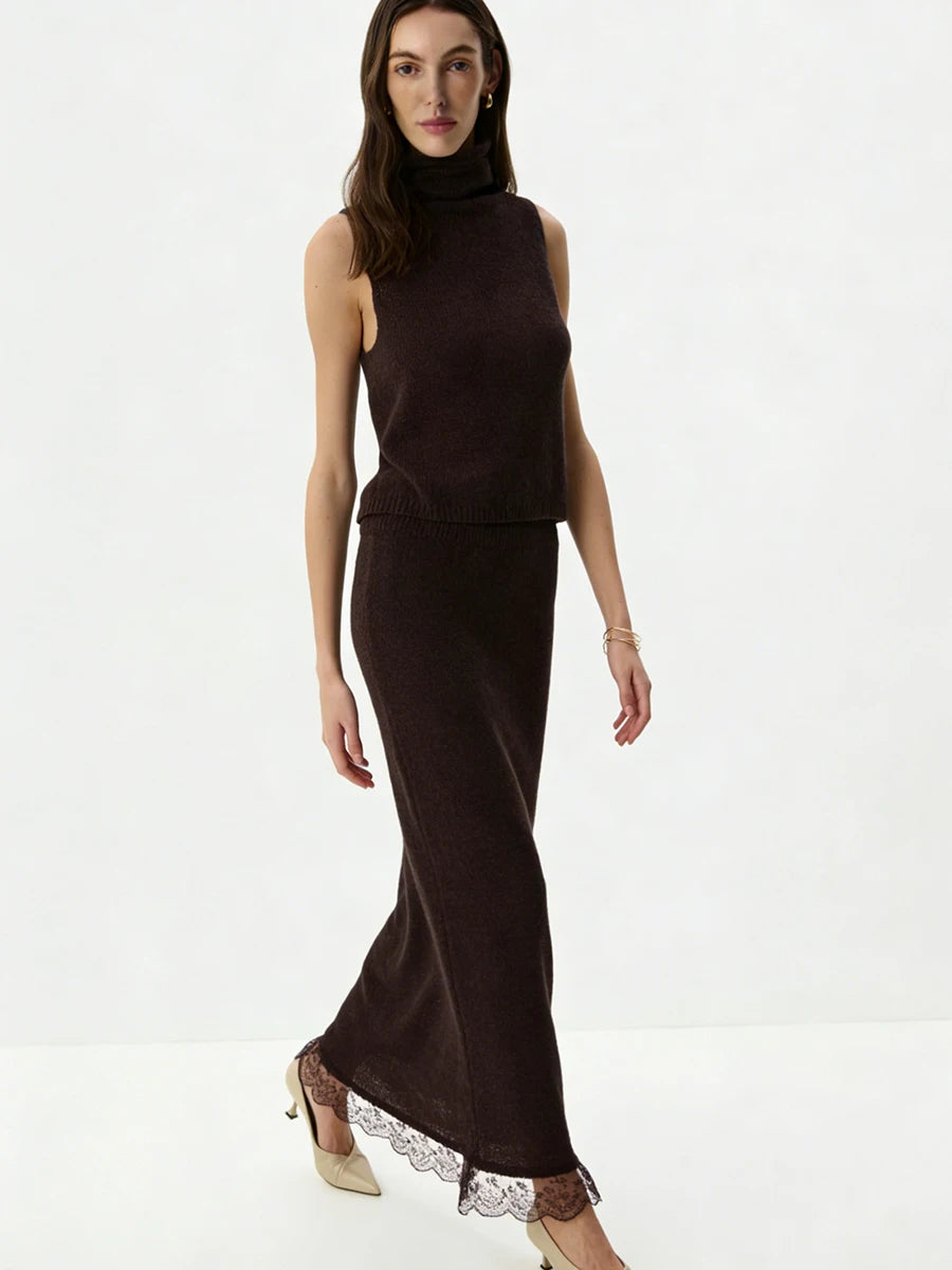 Ensemble 2 Pièces Femme – Haut Col Roulé et Jupe Longue Dentelle