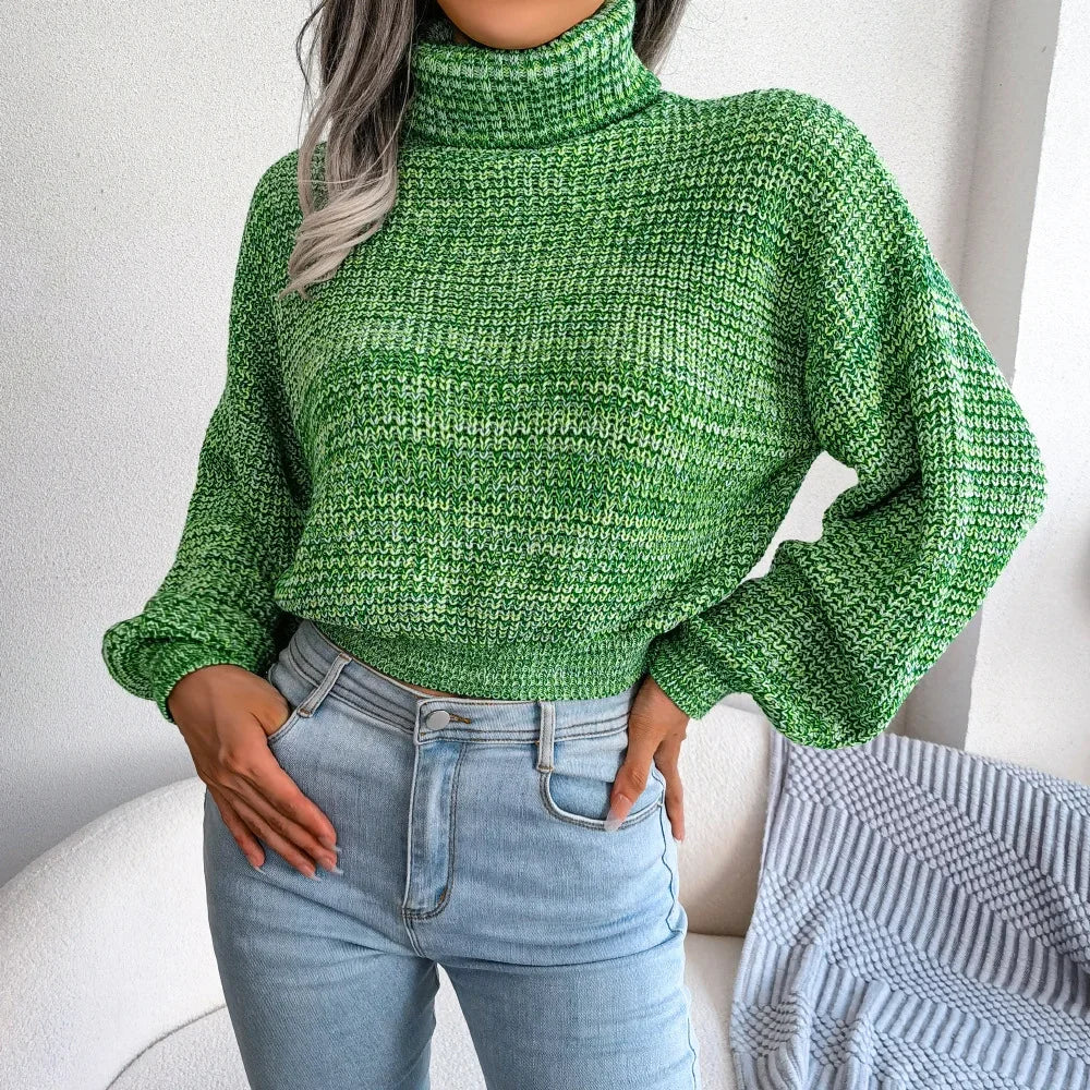 Pull Côtelé Femme – Col Roulé et Manches Lanterne