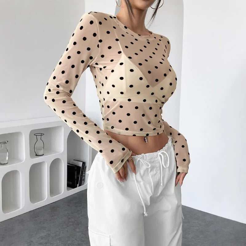 Crop Top à Pois Femme – Maille et Manches Longues