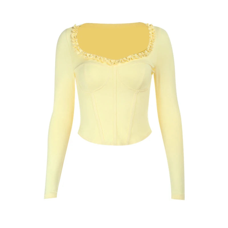 T-shirt femme à manches longues et col à volants