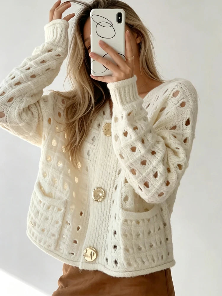 Cardigan Court Ajouré Femme – Maille Unie